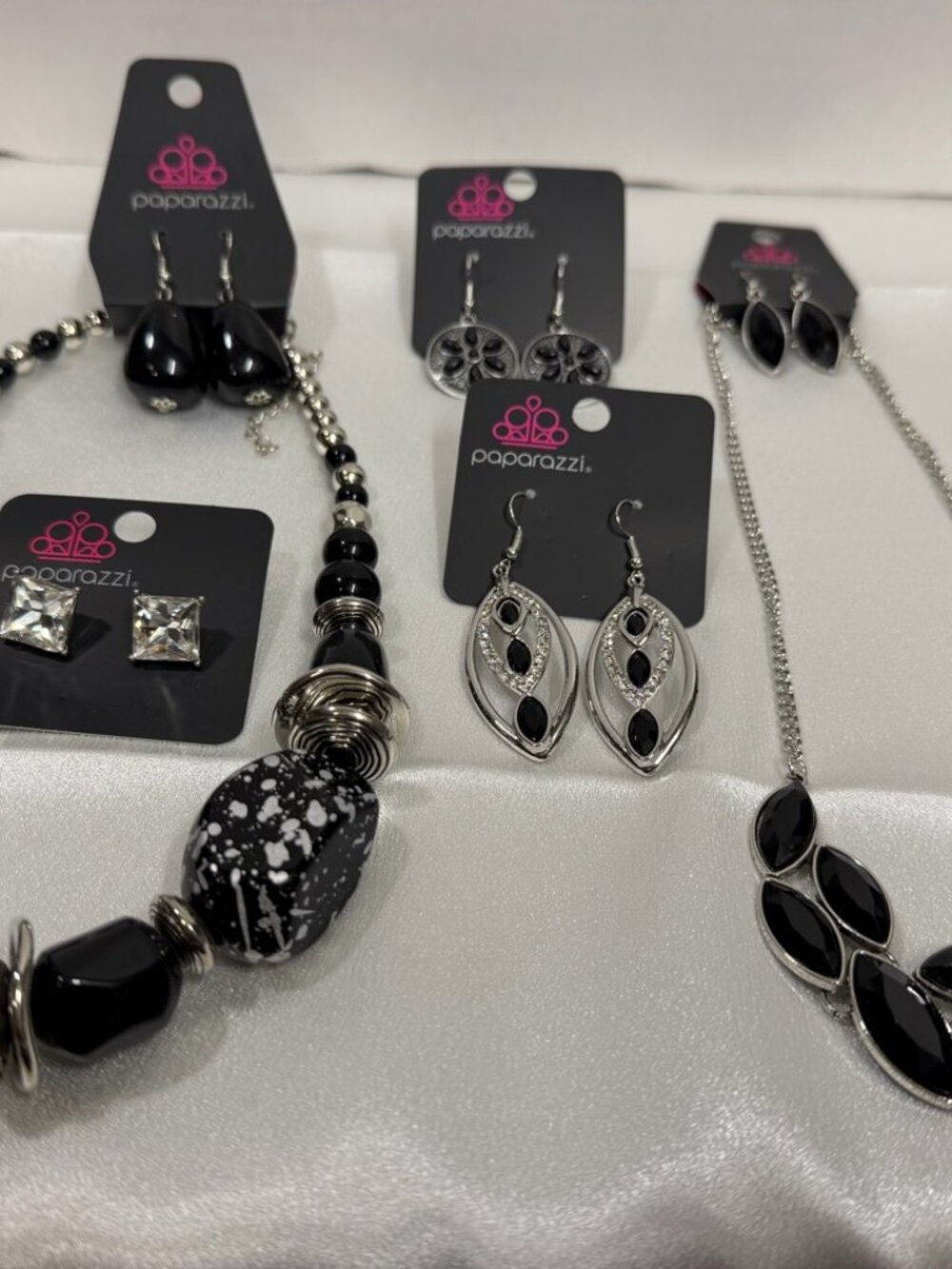 Paparazzi Black Silver-Tone Bundle 2 Necklaces 5 Earring Pairs Pap-b011